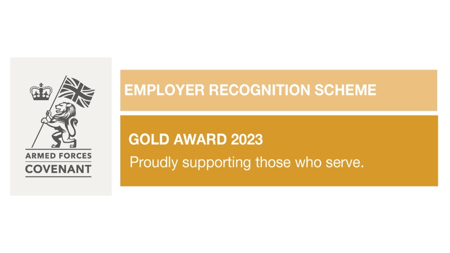An image showing the logo of the Armed Forces Covenant Employer Recognition Scheme – Gold Award 2023