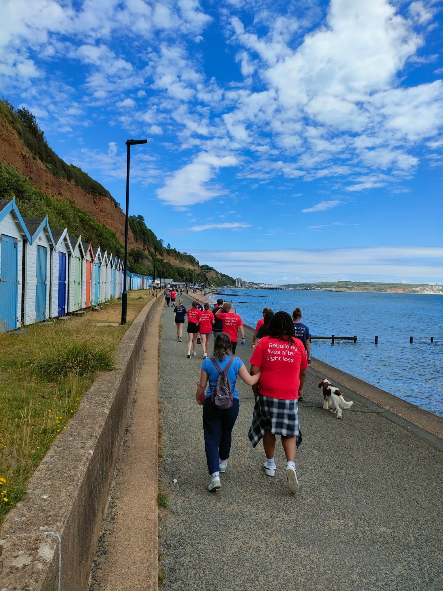 A group shot of the back of the group as they walk along the promenade with beach huts to their left and the sea to their right