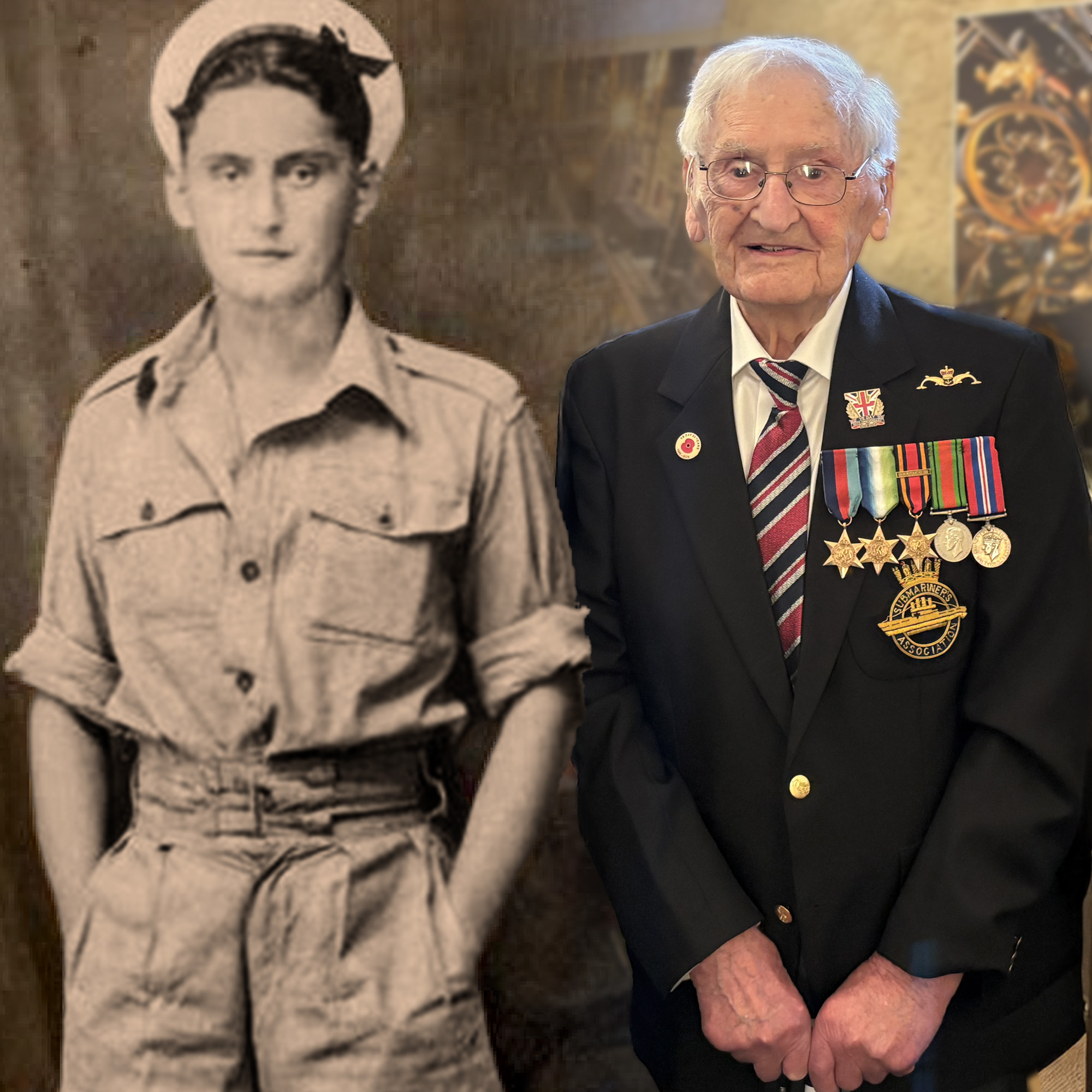 A old photo of John in uniform beside a picture of him now