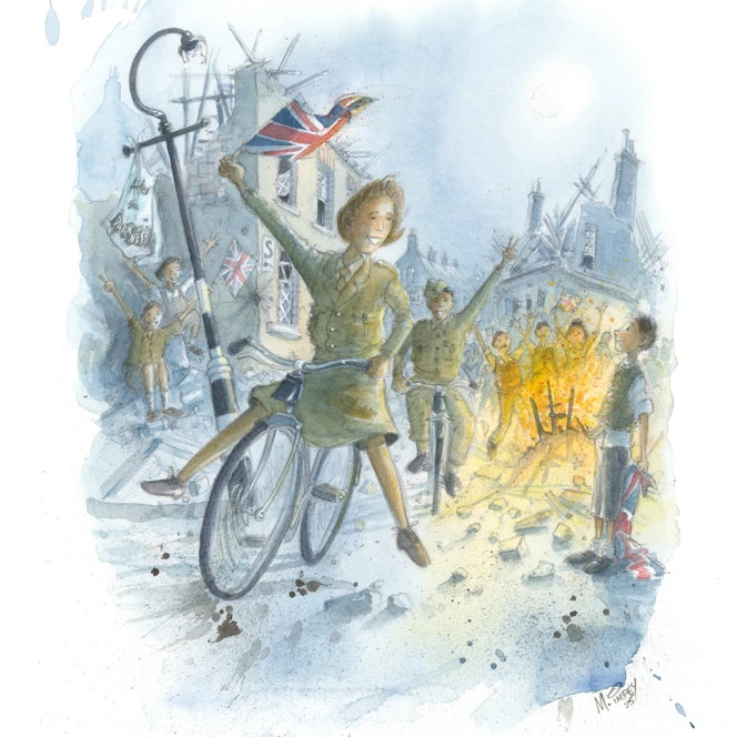 An illustration of Joan riding her bike through jubilant VE Day crowds