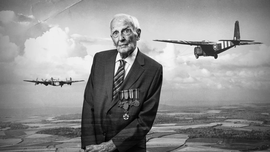 A black and white portrait of blind veteran Sydney, overlaid on a scene from D-Day