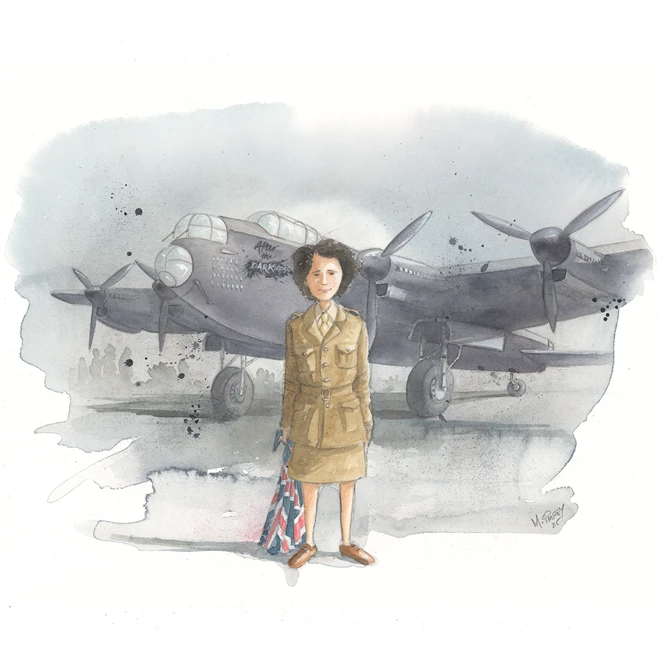 An illustration of Morse code operator Joan standing proudly before a Lancaster Bomber