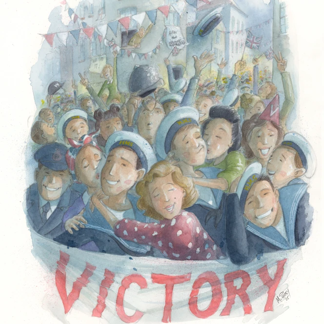 An illustration of radar mechanic Peter amid a lively VE Day street party scene