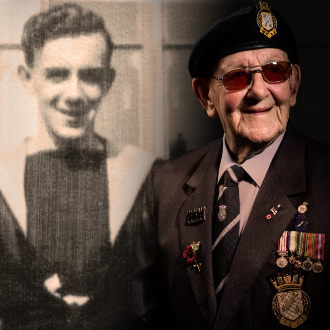 A black and white photo of Ken while in service, edited beside a picture of blind veteran Ken today