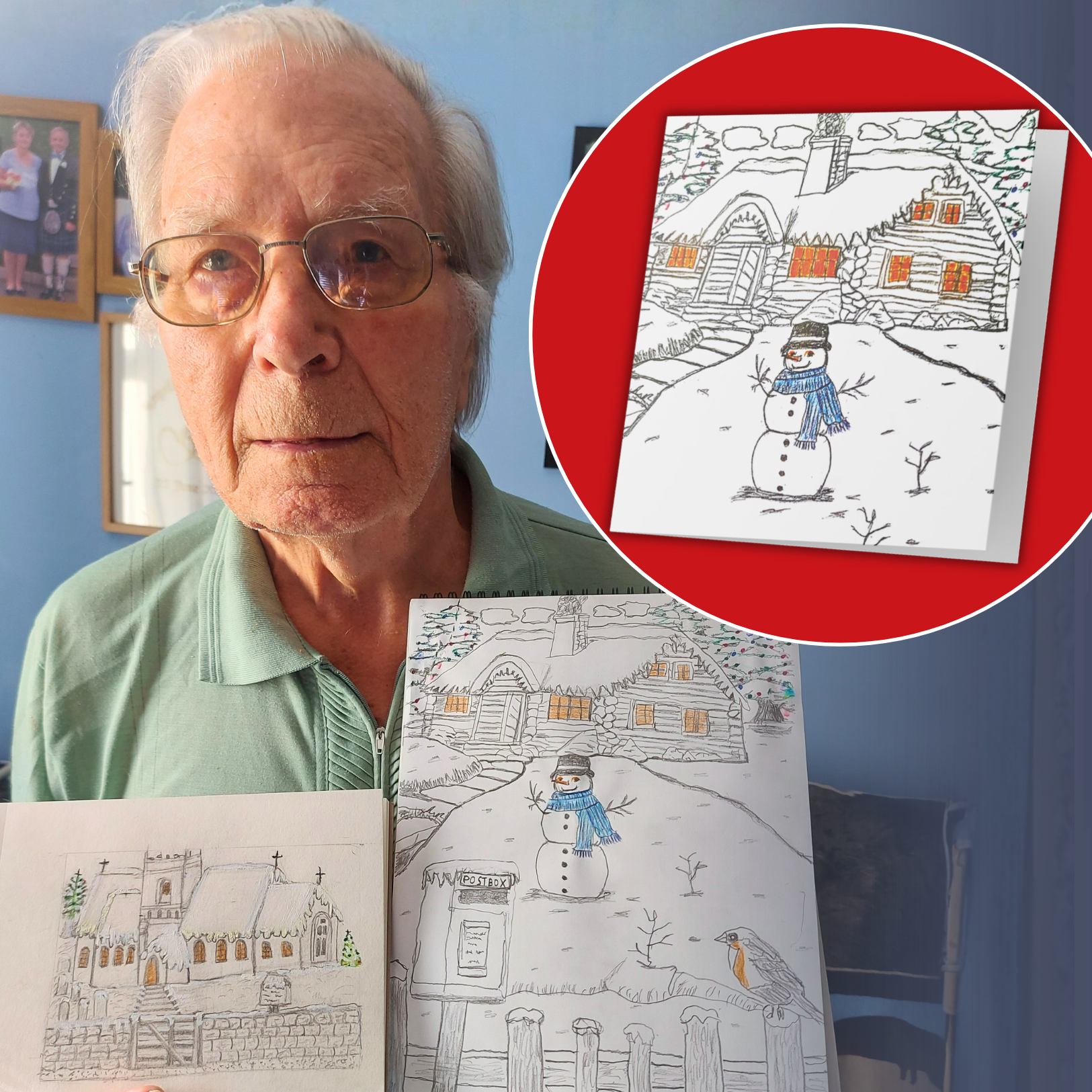 Blind veteran Ron holds two original winter drawings, including a snowman outside a snow-covered cottage, beside an inset image of the finished Christmas card.