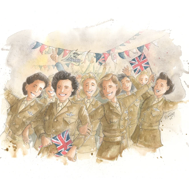 An illustration of ATS girl Neena celebrating in uniform surrounded by bunting