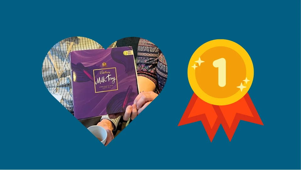 Cadbury Milk Tray chocolates, visible in a heart shaped cut-out, against a teal background. Beside the heart is a graphic of a gold medal with a number 1, indicating first place.