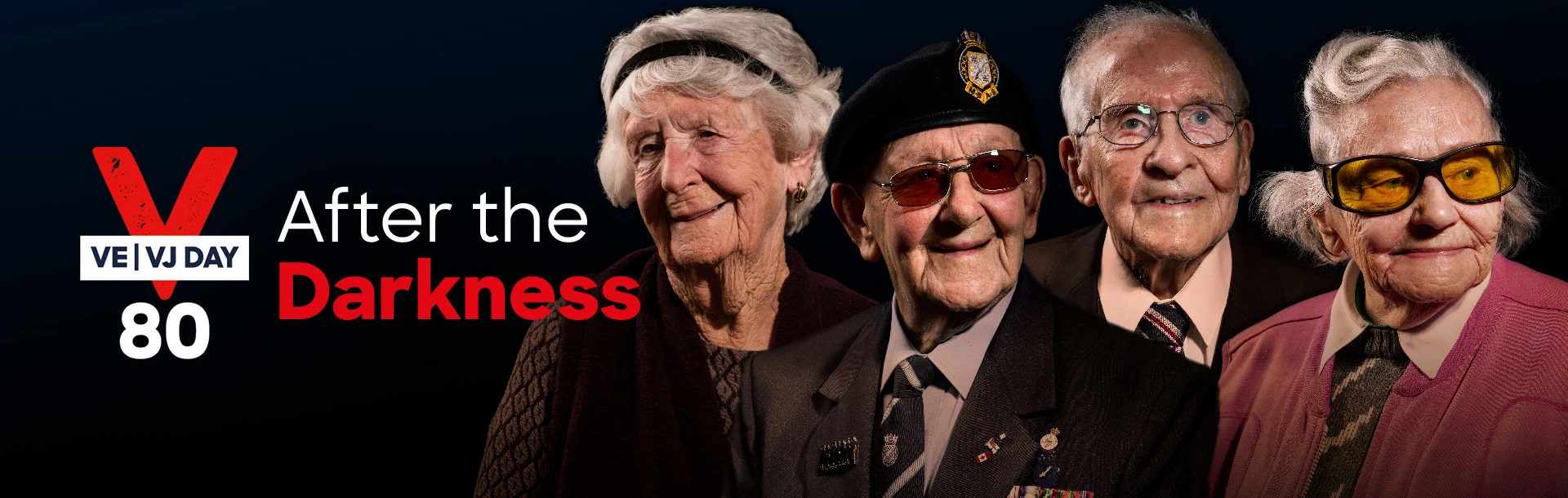 VE / DJ Day 80: After the Darkness. Four blind veterans edited alongside one another in a dark background