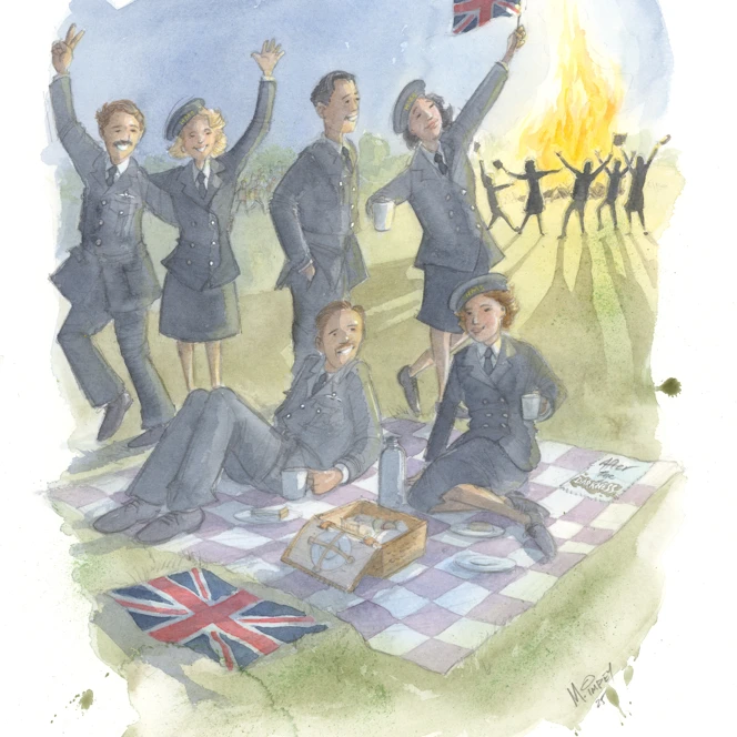 An illustration of Ruth and fellow wrens at a picnic during a joyful scene