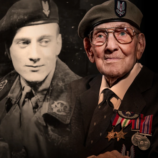 A black and white photo of Matt while in service, edited beside a picture of blind veteran Matt today