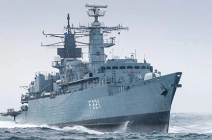 A picture of the HMS Drake on the sea