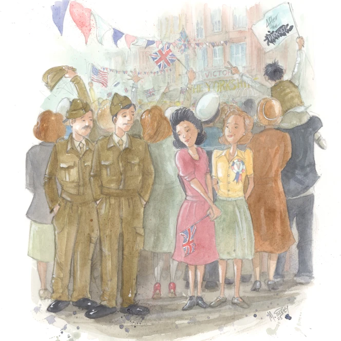 An illustration of Arthur and Nancy looking at each other in the foreground of VE Day crowds