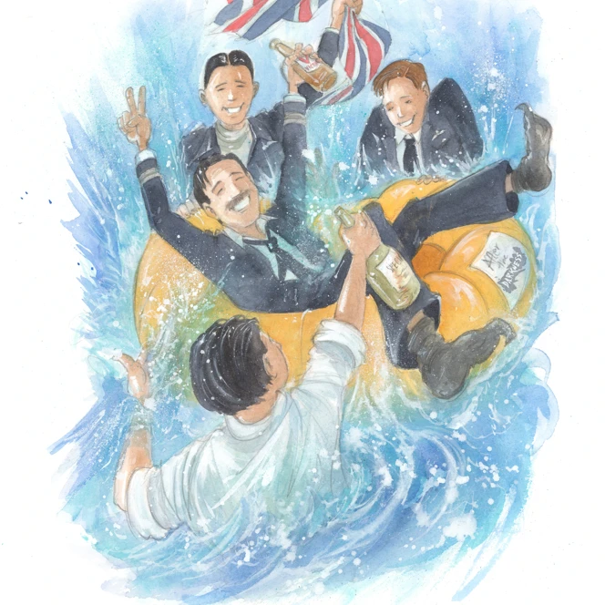 An illustration of RAF flight sergeant John celebrating VE Day with beer bottles