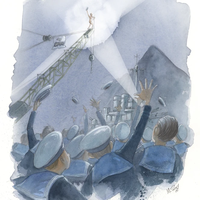 An illustration of gathered sailors on deck, cheering a figure who climb on a crane