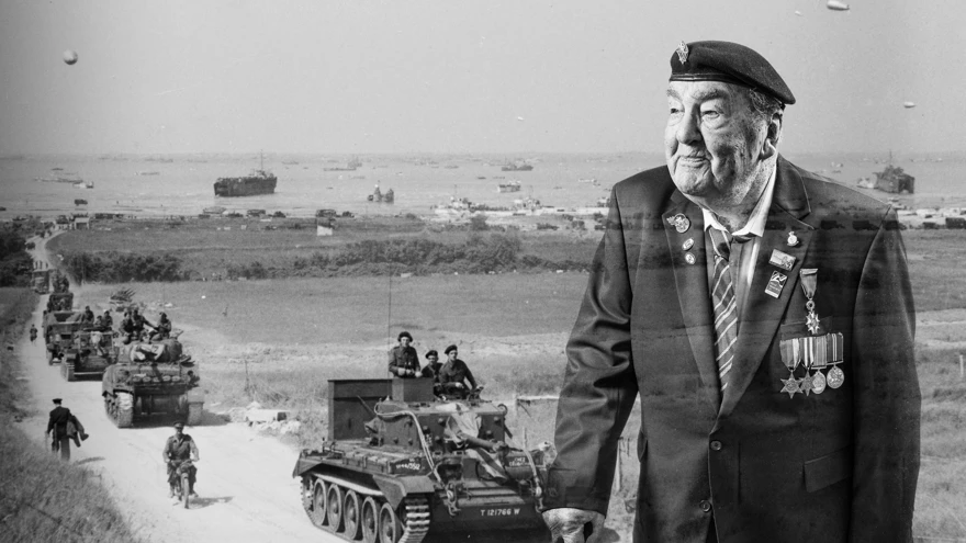 A black and white portrait of blind veteran Richard, overlaid on a scene from D-Day