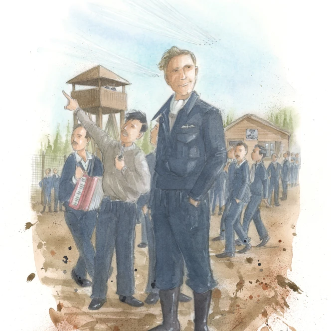 An illustration of pilot Derrick surrounded by other prisoners of war after being freed