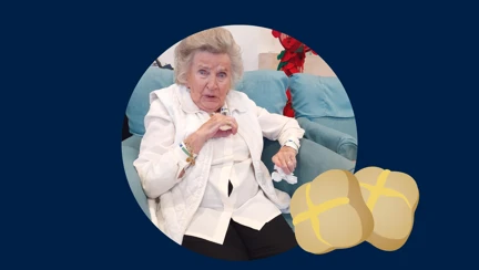 Blind veteran Maureen, with an added illustration of a hot cross bun
