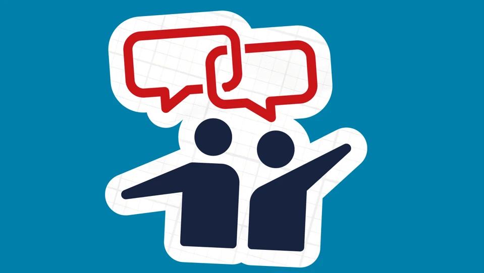 Icon of two people with arms open with two speech bubbles representing a forum discussion