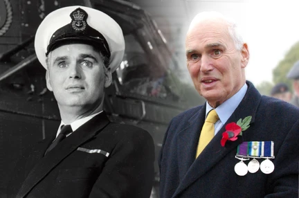 Two photos of blind veteran Terry, showing an older photo from the past on the left, wearing his military uniform, and a recent photo on the right, wearing his military badges and a poppy.