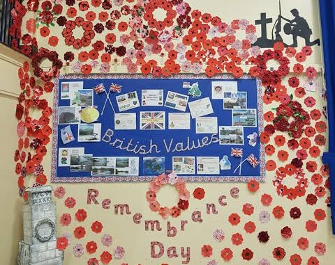 Wall display of children's art and poems to mark Remembrance