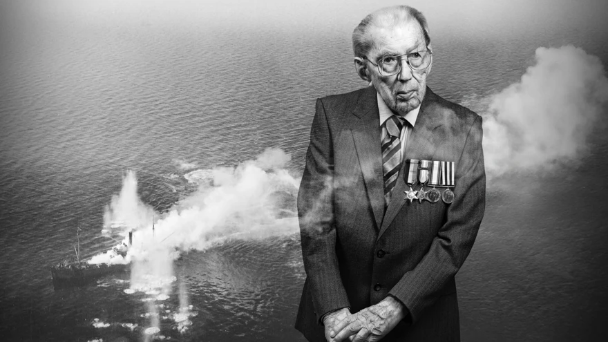 A black and white portrait of blind veteran John, overlaid on a scene from the Second World War