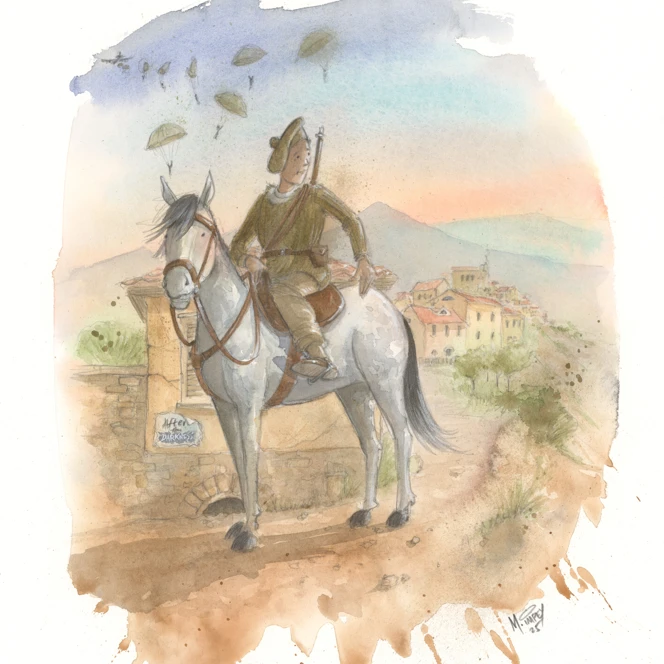 An illustration of SAS veteran Matt on horseback in the mountains