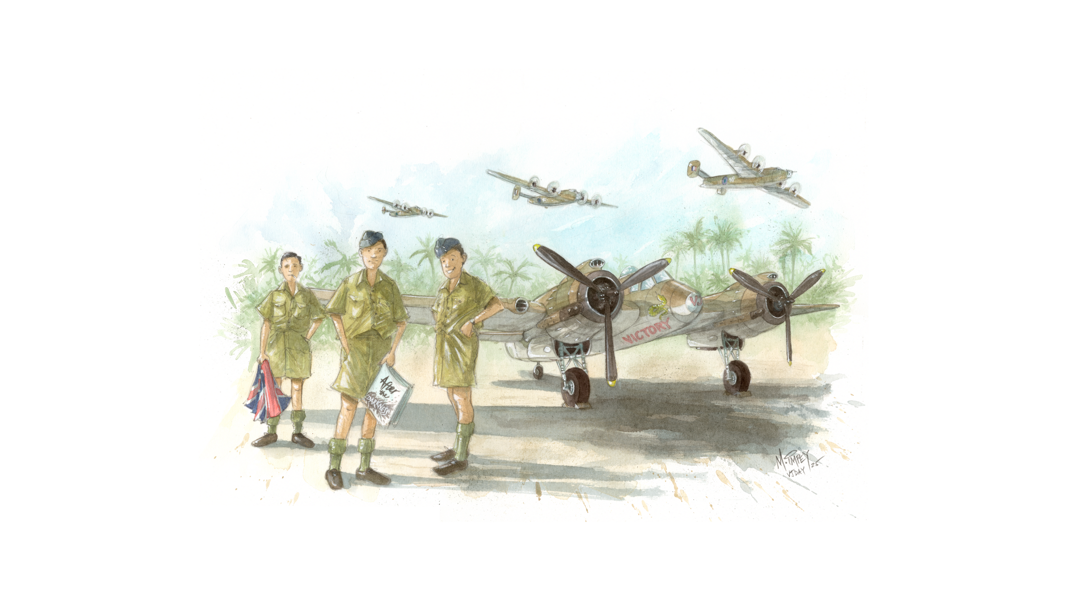 A hand-painted illustration by military artist Martin Impey showing three RAF airmen in tropical uniforms standing in front of a twin-engine aircraft named “Victory” with palm trees in the background. Two more aircraft fly overhead. The scene represents D-Day and Burma veteran Douglas and his service in the Far East during the Second World War.