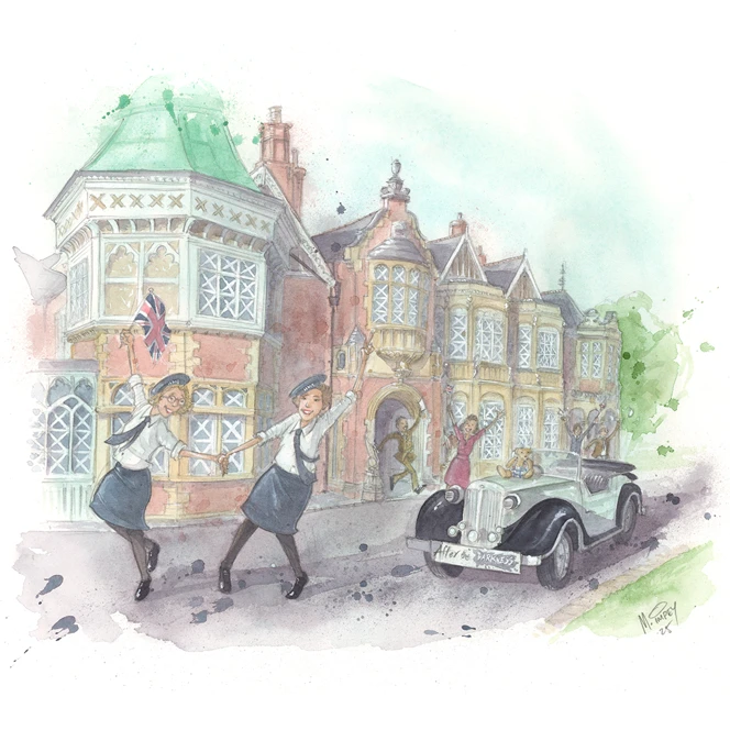 An illustration of Alice dancing outside Bletchley Park with her fellow wrens