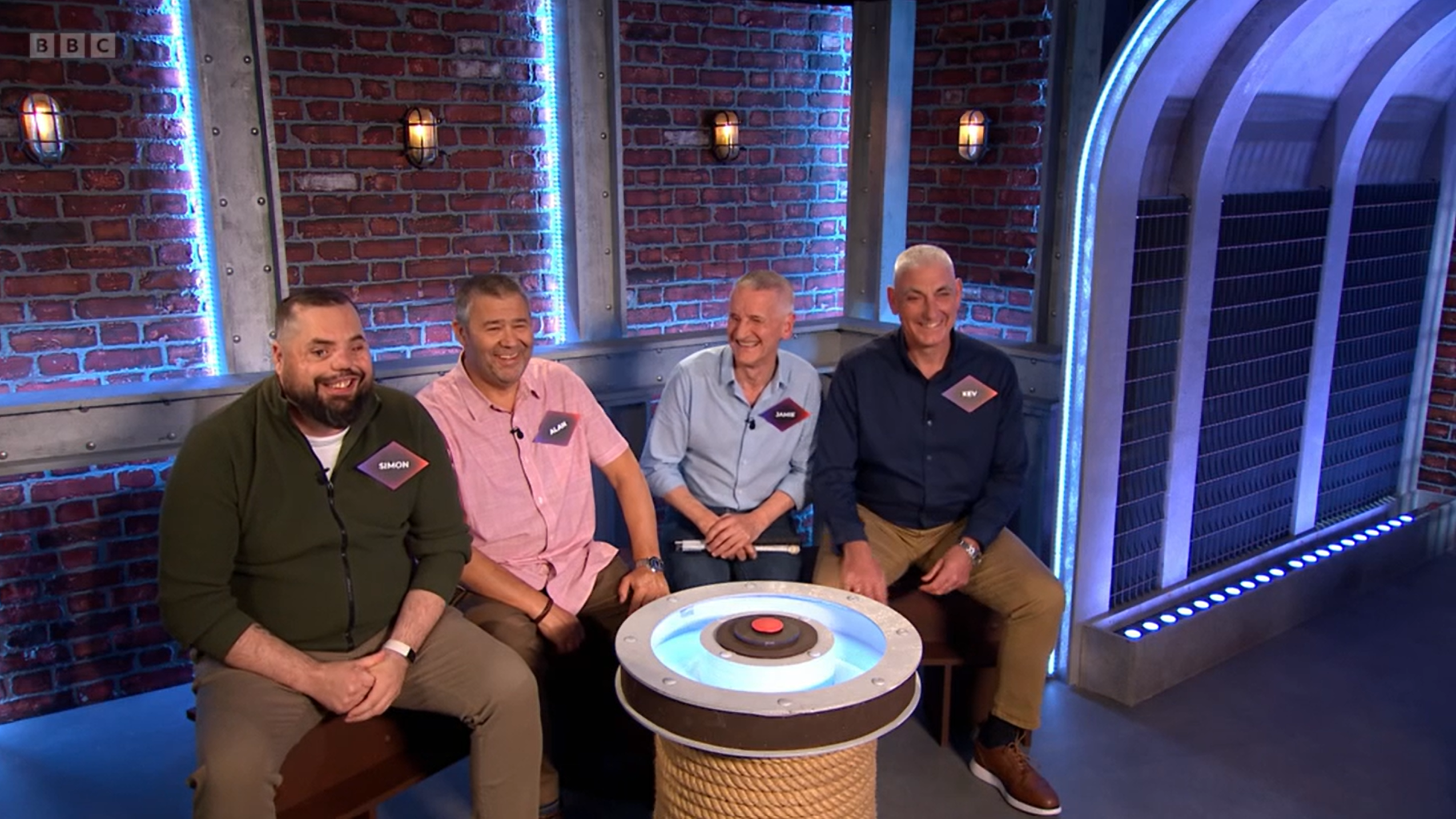 Blind veterans Simon, Alan, Jamie and Kev on BBC’s Bridge of Lies