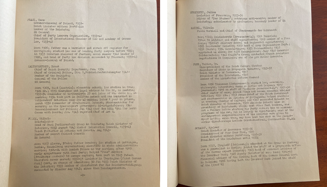 Nuremberg Booklet's list of the defendants including: Hans Frank , Ernst Kaltenbrunner, Wilhelm Frick, Julius Streicher, Wilhelm Keitel, Dr Walter Funk, and Hjalmar Schacht