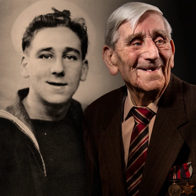 A black and white photo of Les while in service, edited beside a picture of blind veteran Les today