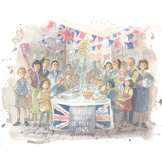 An illustration of D-Day veteran Thomas at a VE Day party on Mansford street