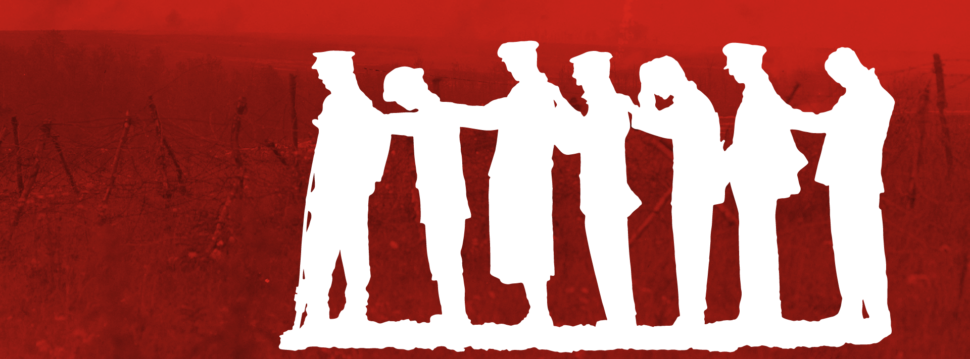 To the right a white silhouette of blinded World War One soldiers leading themselves hand to shoulder from the battle field against a faded red back drop of battle field.