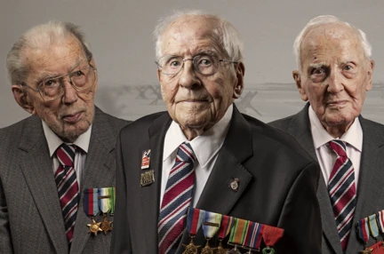 Blind veterans John, Thomas, and Syd edited together over a sepia background of a beach on D Day.