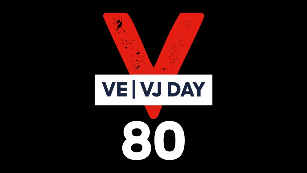 A graphic of a big red V with text 'VE / VJ Day' in a box with a big 80 below