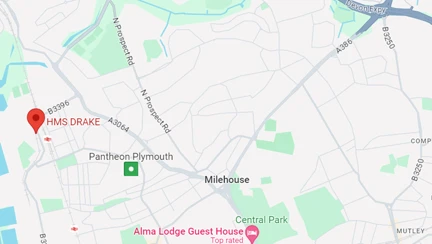 A picture of a map showing the location of the HMS Drake dinner in Milehouse