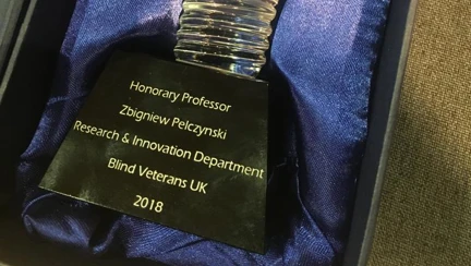 An Honorary Professor award, designed to look like a light bulb, placed in a satin-lined box.