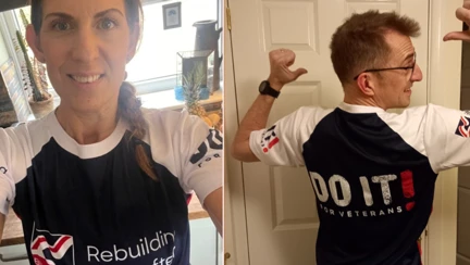 Claire on the left and Barry on the right smiling and happy to be wearing their Blind Veterans UK running tops