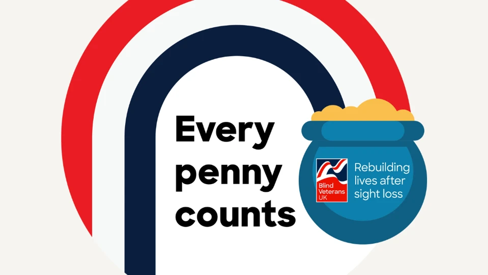 The Every Penny Counts logo - a red, white and blue rainbow with the words 'Every Penny Counts' below its arch. A pot of coins with the Blind Veterans UK logo printed on it sits at the right end of the rainbow.
