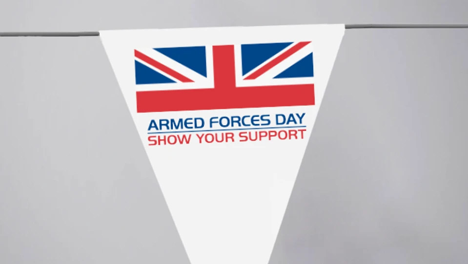 Image of the Armed Forces Month Bunting - the National Armed Forces logo on a white triangle bunting pendent.