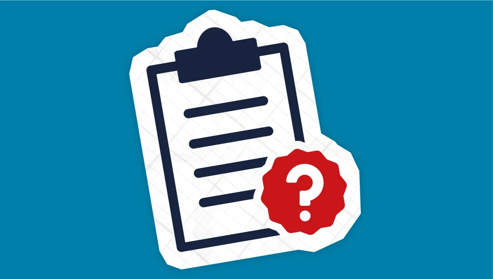 An icon of a question clipboard beside a question mark