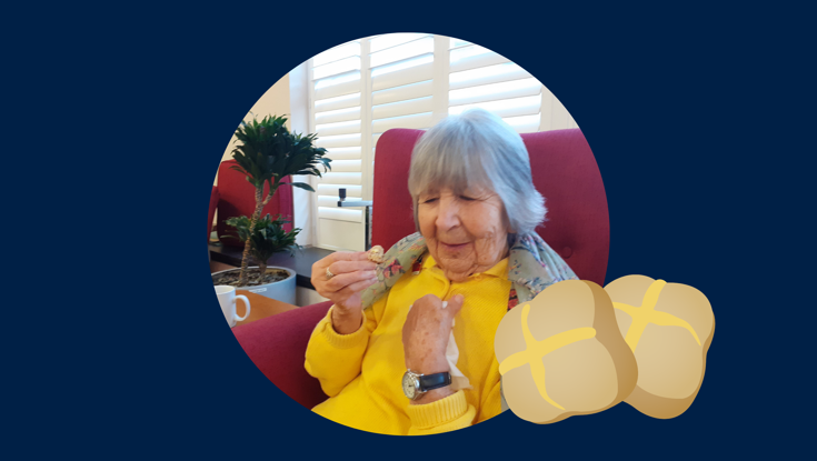 Blind veteran Jean smiling, with an added illustration of a hot cross bun
