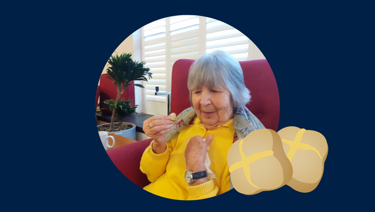 Blind veteran Jean smiling, with an added illustration of a hot cross bun 