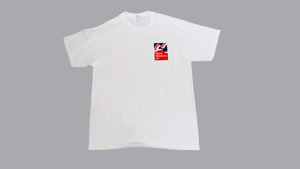 Branded white t-shirt featuring Blind Veterans UK logo on front left chest