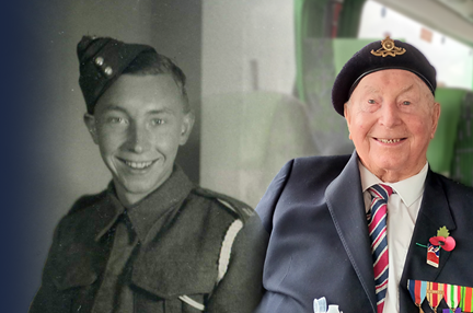 Two photographs of blind veteran Wally side by side. On the left, a black and white photo of a young Wally in service, and on the right, Wally today wearing his military badges and beret.