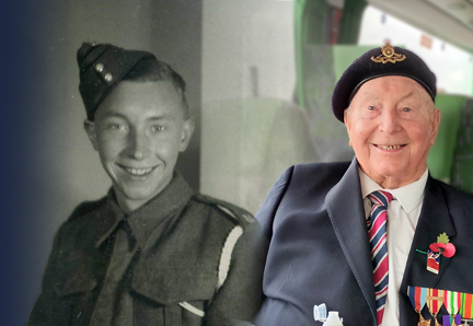 Two photographs of blind veteran Wally side by side. On the left, a black and white photo of a young Wally in service, and on the right, Wally today wearing his military badges and beret.