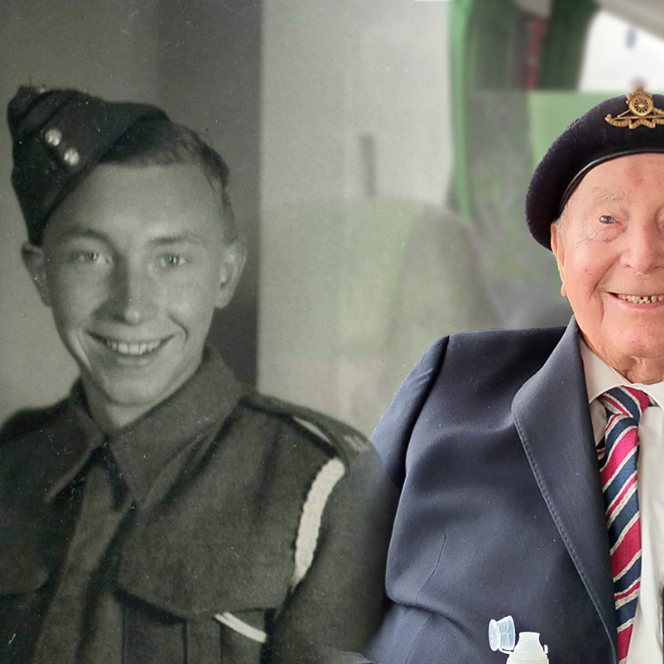 Two photographs of blind veteran Wally side by side. On the left, a black and white photo of a young Wally in service, and on the right, Wally today wearing his military badges and beret.