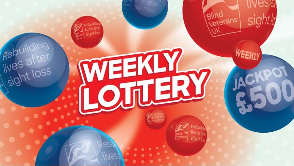 A graphic with 3D balls displaying the Blind Veterans UK logo and text that reads: weekly lottery