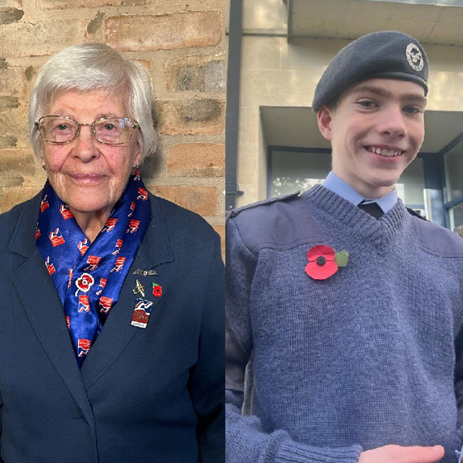 Janet and Dillon are wearing poppies. Janet is wearing a Blind Veterans UK scarf and Dillon is in his cadet uniform.