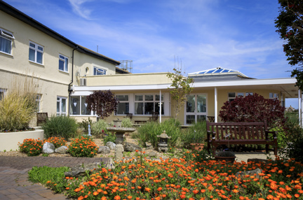 The garden at the entrance to our new centre, with a bench and an array of bright orange flowers